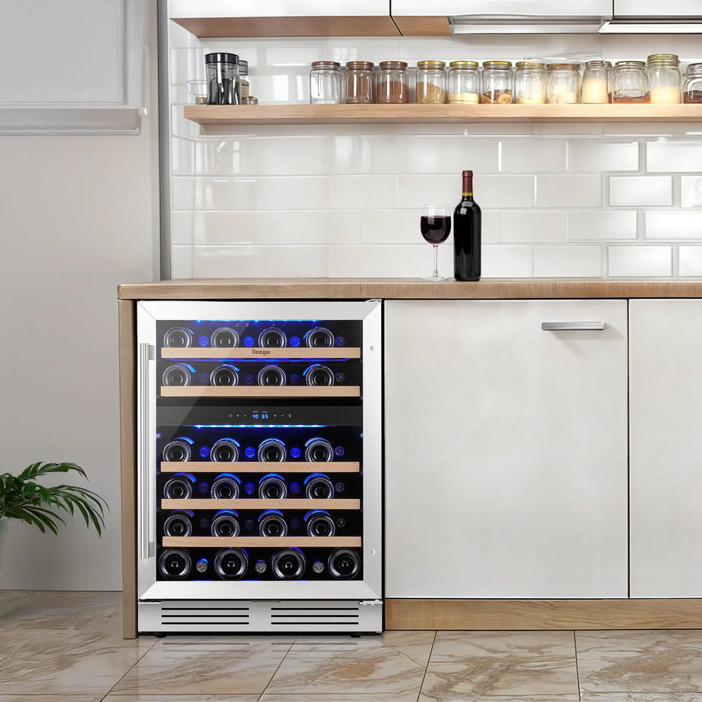 Refrigeradora para vinos Yeego de 24 pulgadas con doble zona para 47 botellas