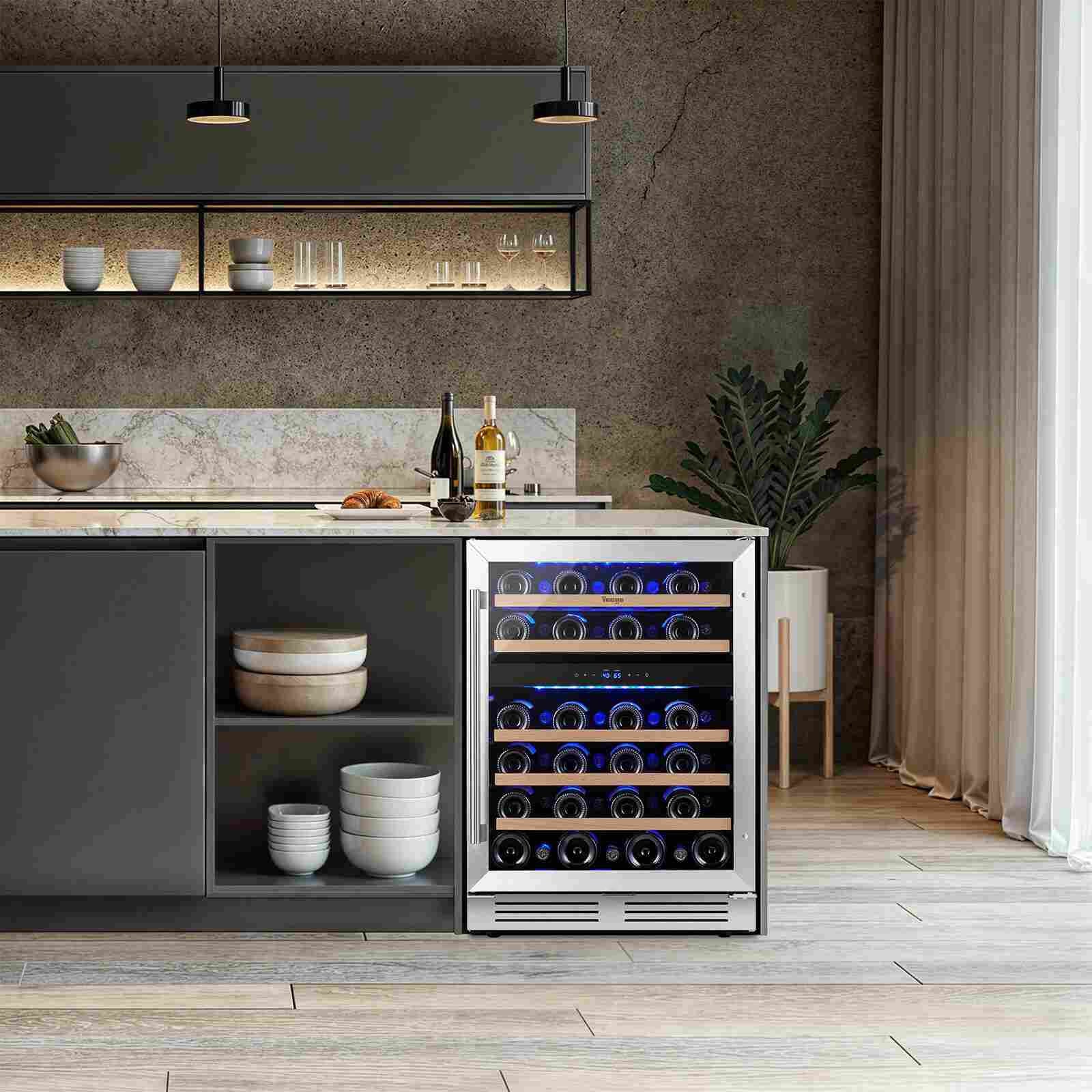 Refrigeradora para vinos Yeego de 24 pulgadas con doble zona para 47 botellas