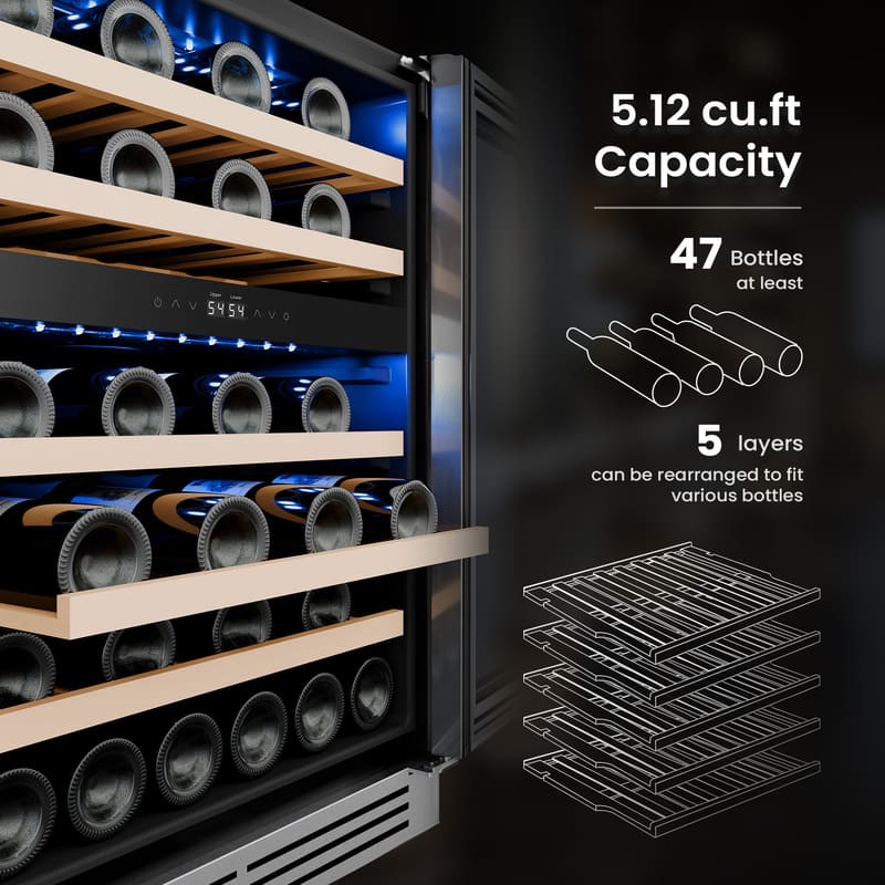 Refrigeradora para vinos Yeego de 24 pulgadas con doble zona para 47 botellas
