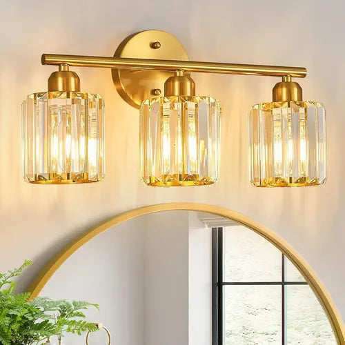 FDPBY Lámpara de Vanidad de Cristal 3 Luces — Accesorio Dorado para Baño y Tocador (Sin Bombillas)