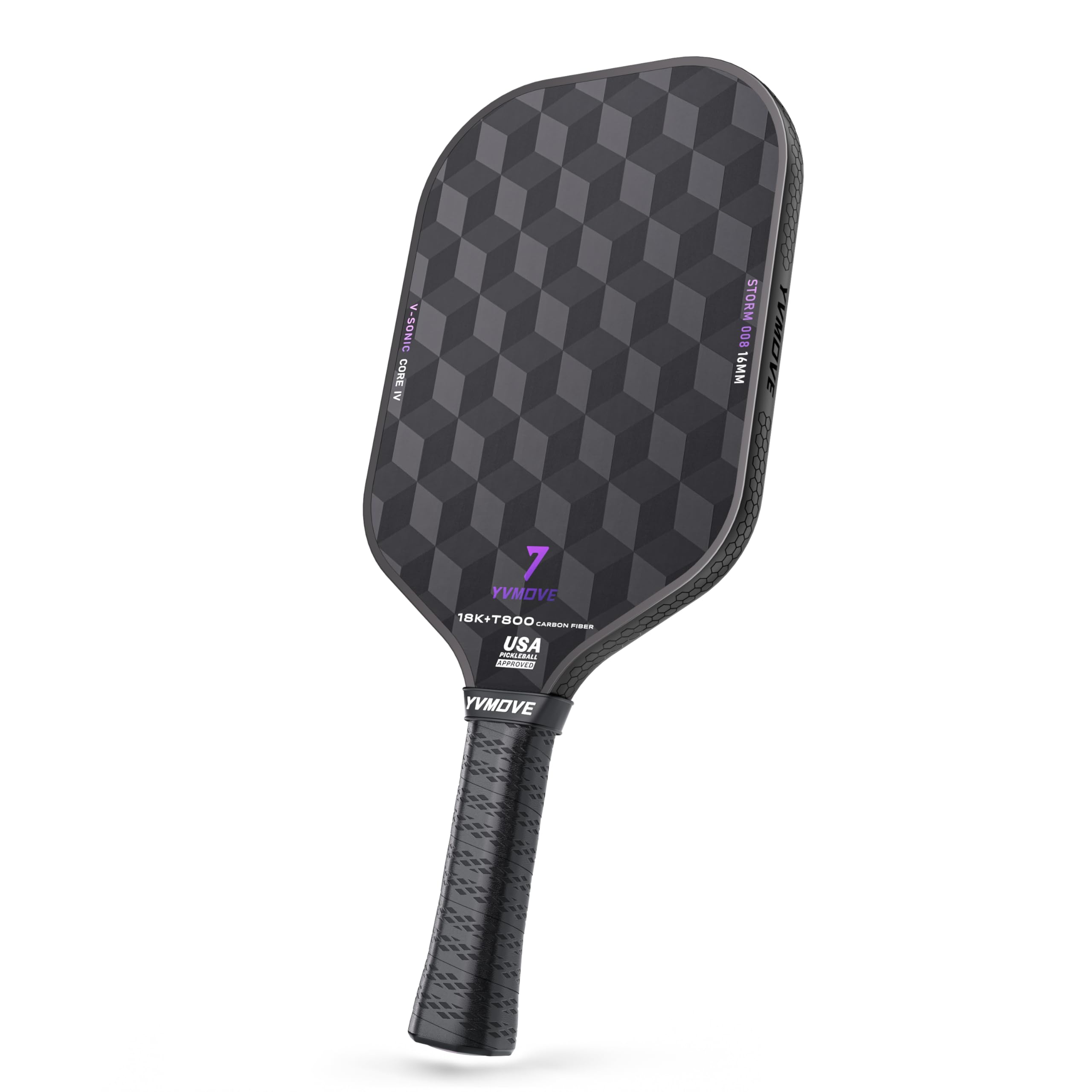 YVmove Paleta de Pickleball Fibra de Carbono 18K T800 — Núcleo V-Sonic IV 16mm, Aprobada USAPA