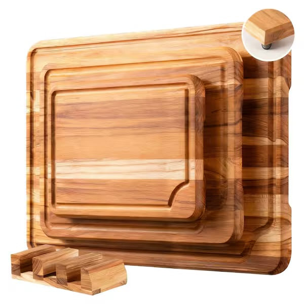 3 Pack Teak Wood Cutting Board Set for Kitchen Charcuterie Board Serving Heavy Duty Non Toxic Slip Over Sink Solid Thick Haus Wooden Chopping Board Large Big Small Meat Best Kitchen Essential Gift