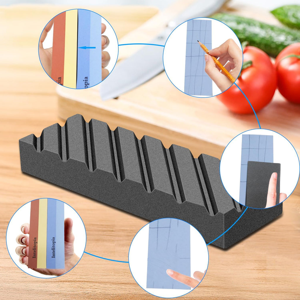 Intelitopia Set Completo de Piedras para Afilar Cuchillos – Whetstone Doble Grano 400/1000 y 3000/8000 con Strop de Cuero, Piedra Niveladora, Base de Bambú y Guía de Ángulo