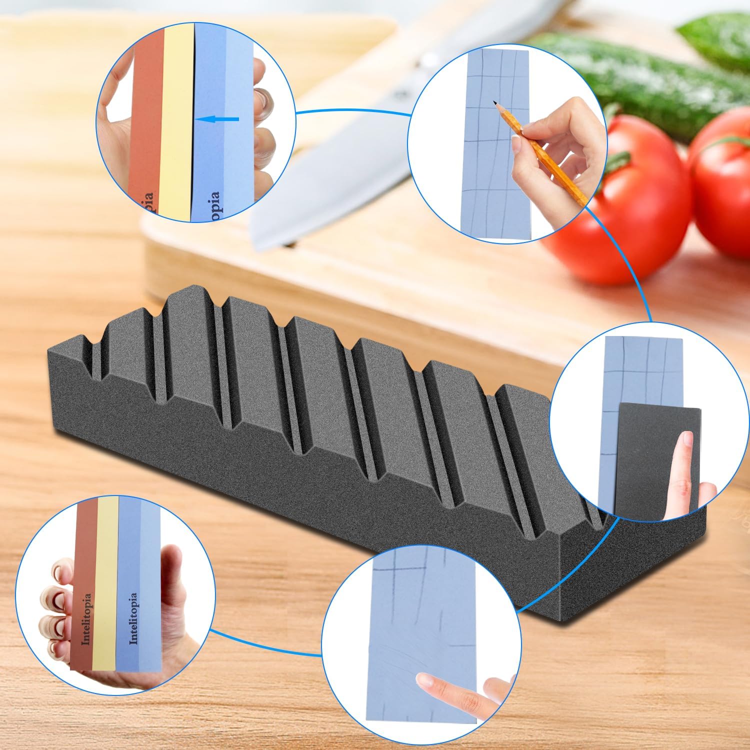 Intelitopia Set Completo de Piedras para Afilar Cuchillos – Whetstone Doble Grano 400/1000 y 3000/8000 con Strop de Cuero, Piedra Niveladora, Base de Bambú y Guía de Ángulo