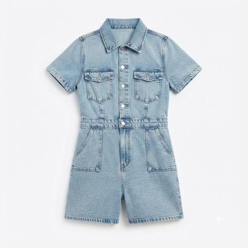 103) Mono Corto de Denim Azul Claro con Botones — Talla L
