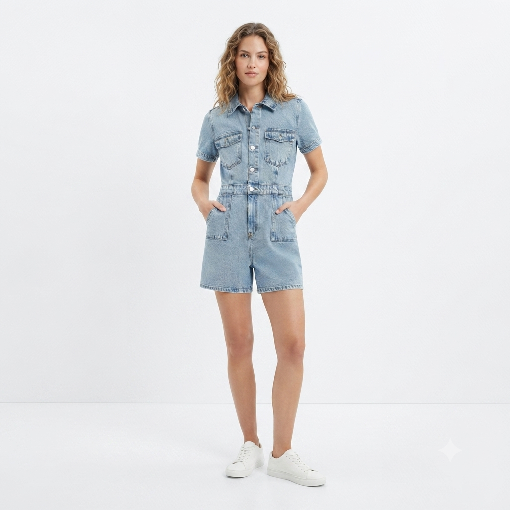 Mono Corto de Denim Azul Claro con Botones — Talla L