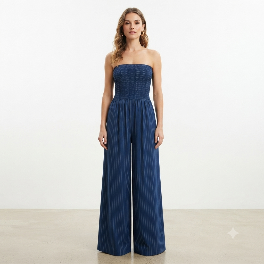 189) Mono Largo Strapless Azul Marino con Rayas — Talla 4XL