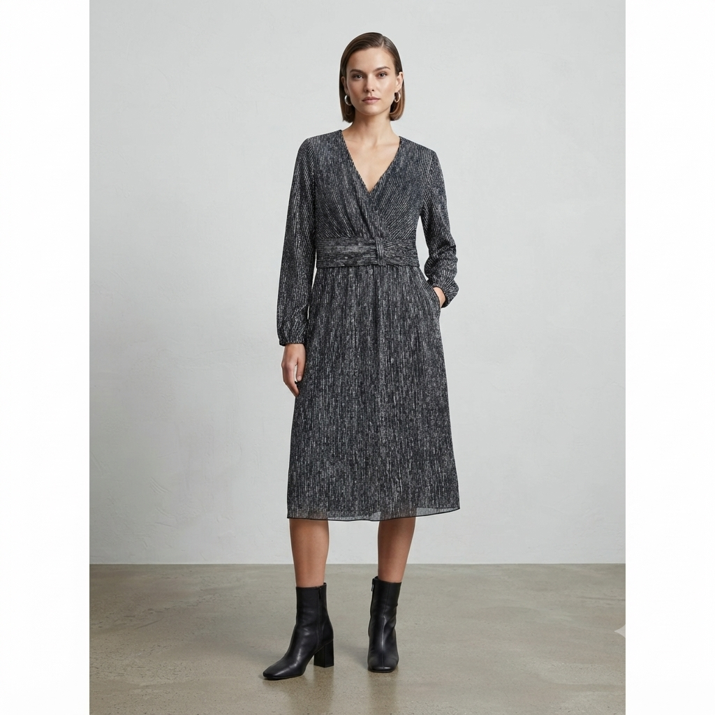 163) Vestido Midi Manga Larga Brillante con Lazo | Talla 4XL