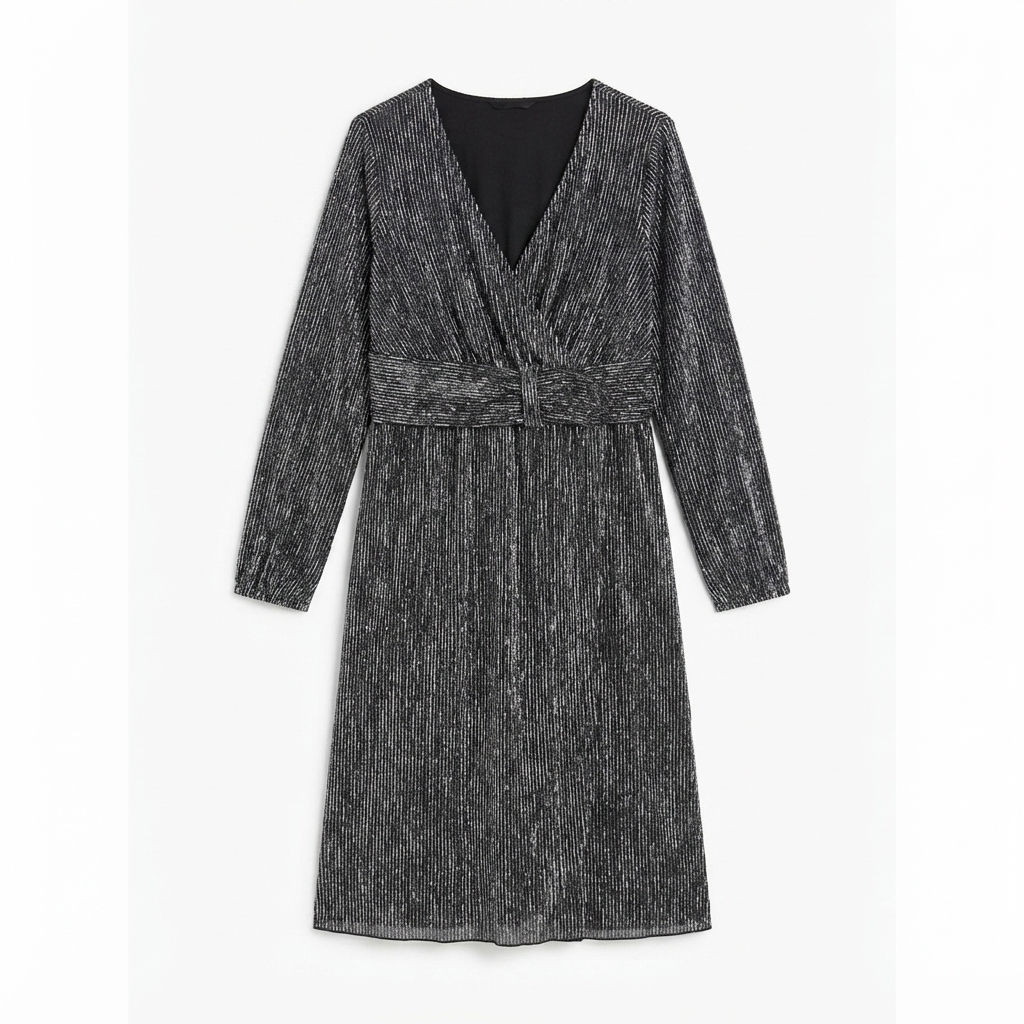 163) Vestido Midi Manga Larga Brillante con Lazo | Talla 4XL