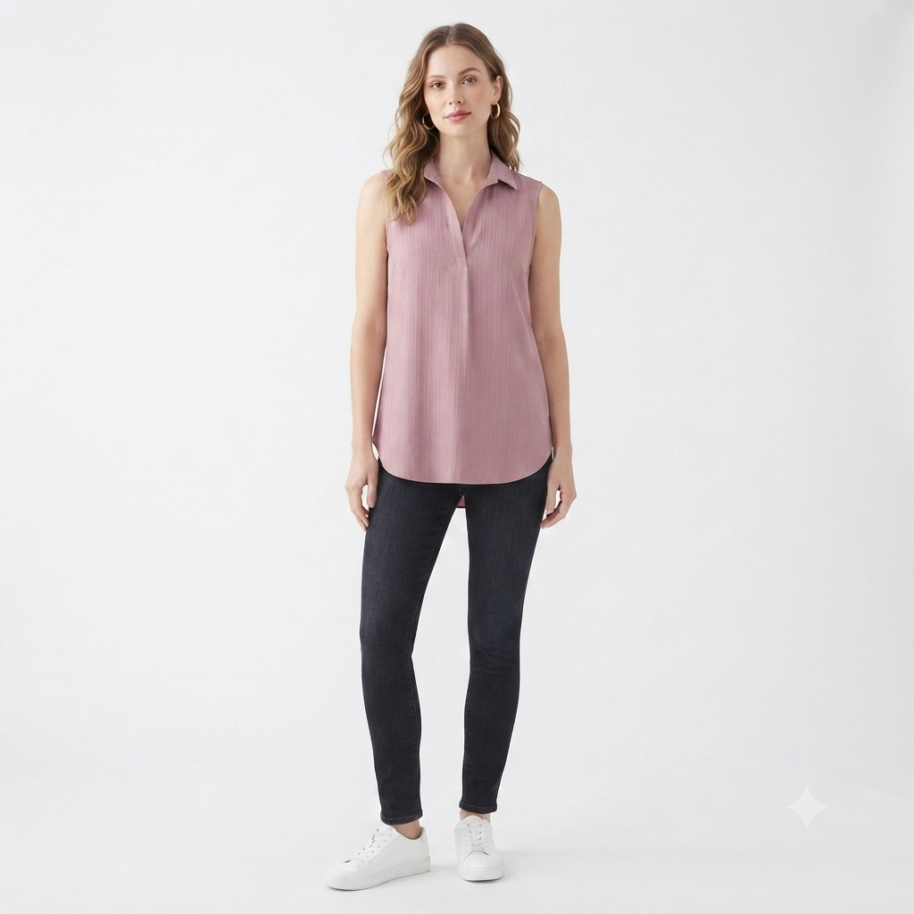 164) Blusa Túnica Sin Mangas con Cuello Camisa — Rosa Malva | Talla L