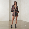 Kimono Túnica Floral Boho con Cinturón — Estampado Negro Multicolor | Talla XS