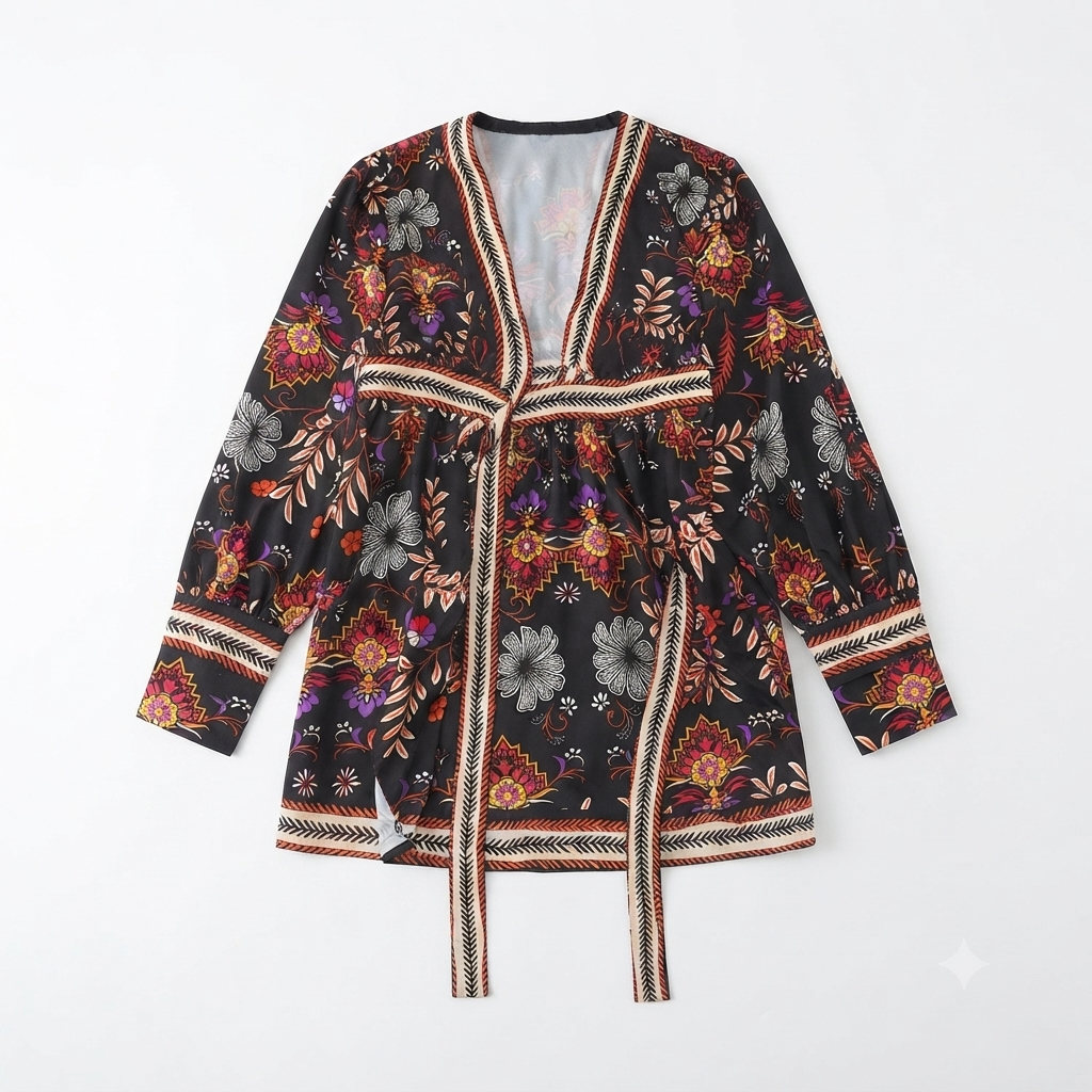 165) Kimono Túnica Floral Boho con Cinturón — Estampado Negro Multicolor | Talla S