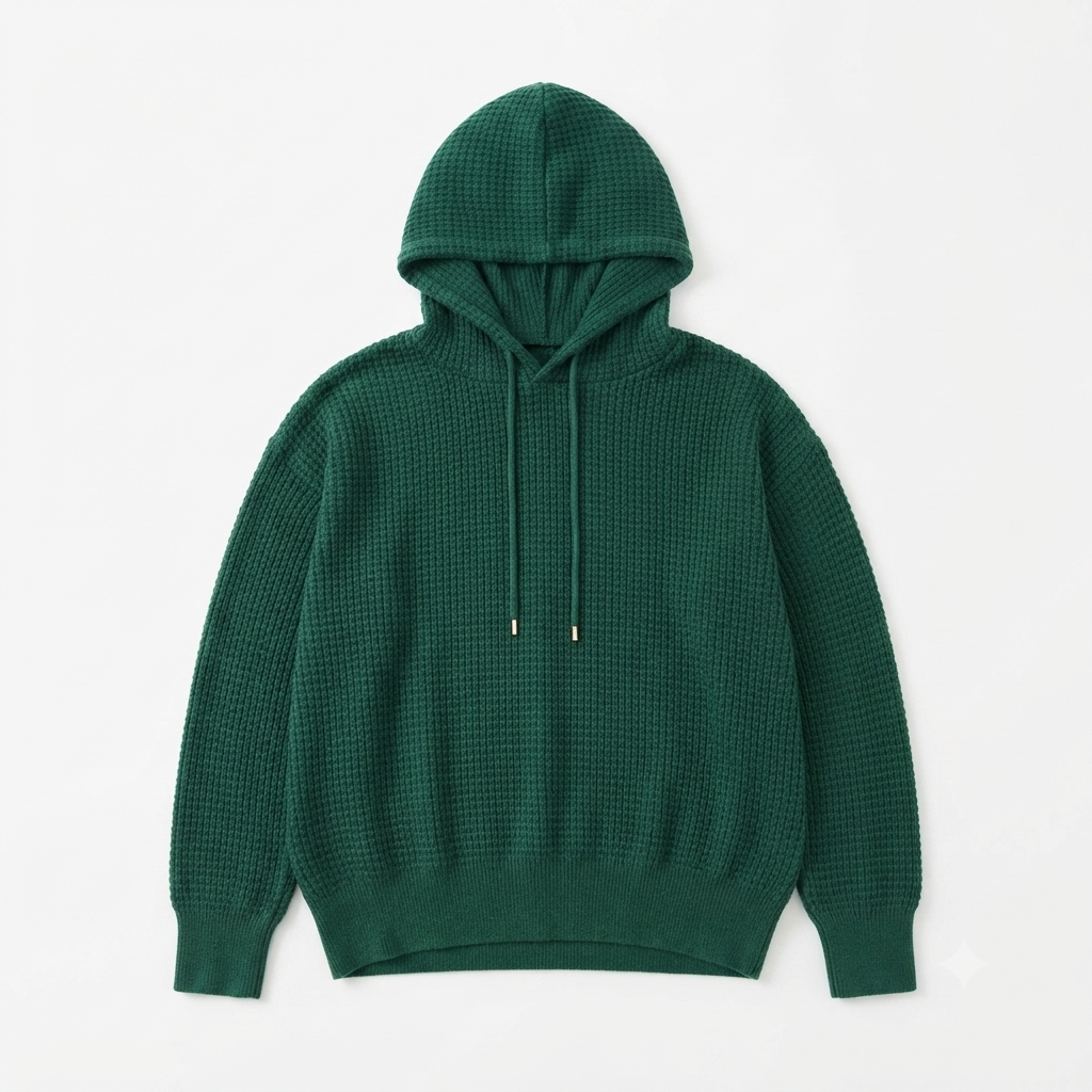 Hoodie Tejido Waffle Knit Verde — Talla 2XL | Corte Oversized con Capucha