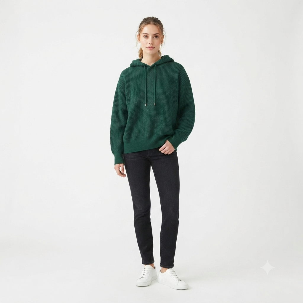 Hoodie Tejido Waffle Knit Verde — Talla 2XL | Corte Oversized con Capucha