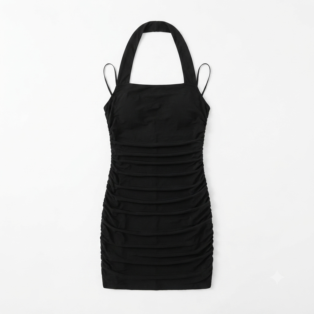 170) Vestido Mini Halter Negro Fruncido - Elegante y Ceñido al Cuerpo | Talla M