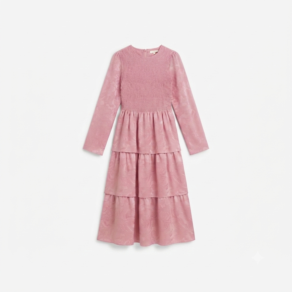 169) Vestido Midi Rosa con Escote Redondo y Capas Escalonadas – Elegancia Romántica