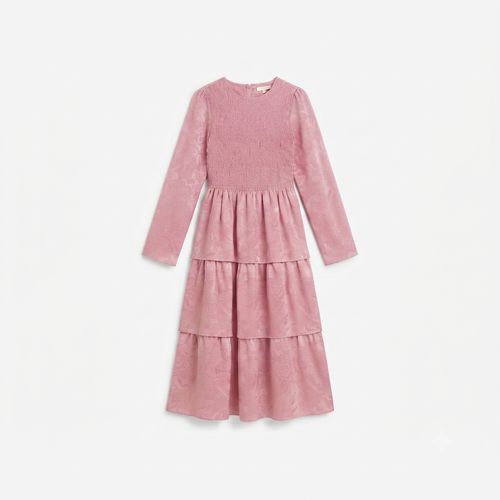 169) Vestido Midi Rosa con Escote Redondo y Capas Escalonadas – Elegancia Romántica
