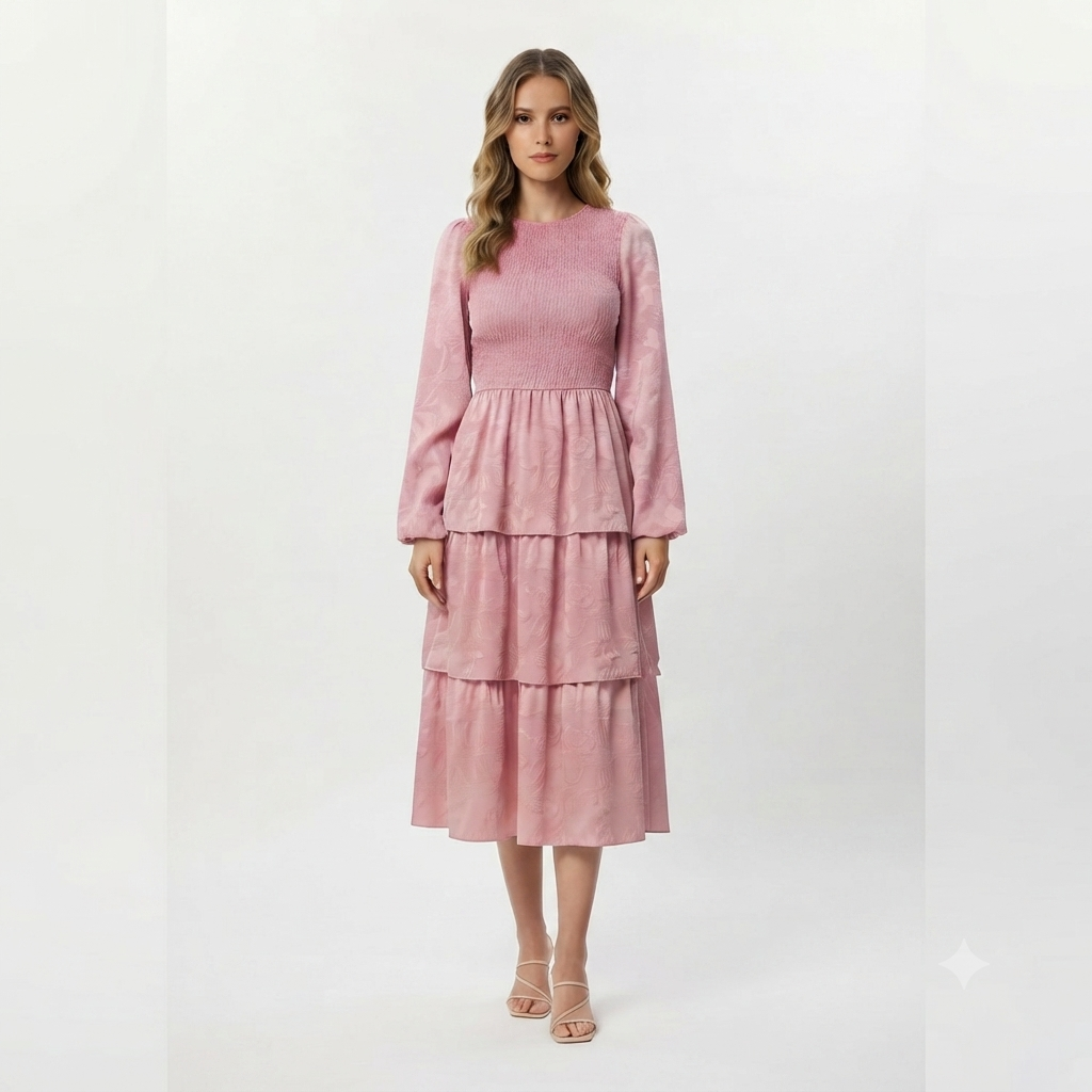 169) Vestido Midi Rosa con Escote Redondo y Capas Escalonadas – Elegancia Romántica