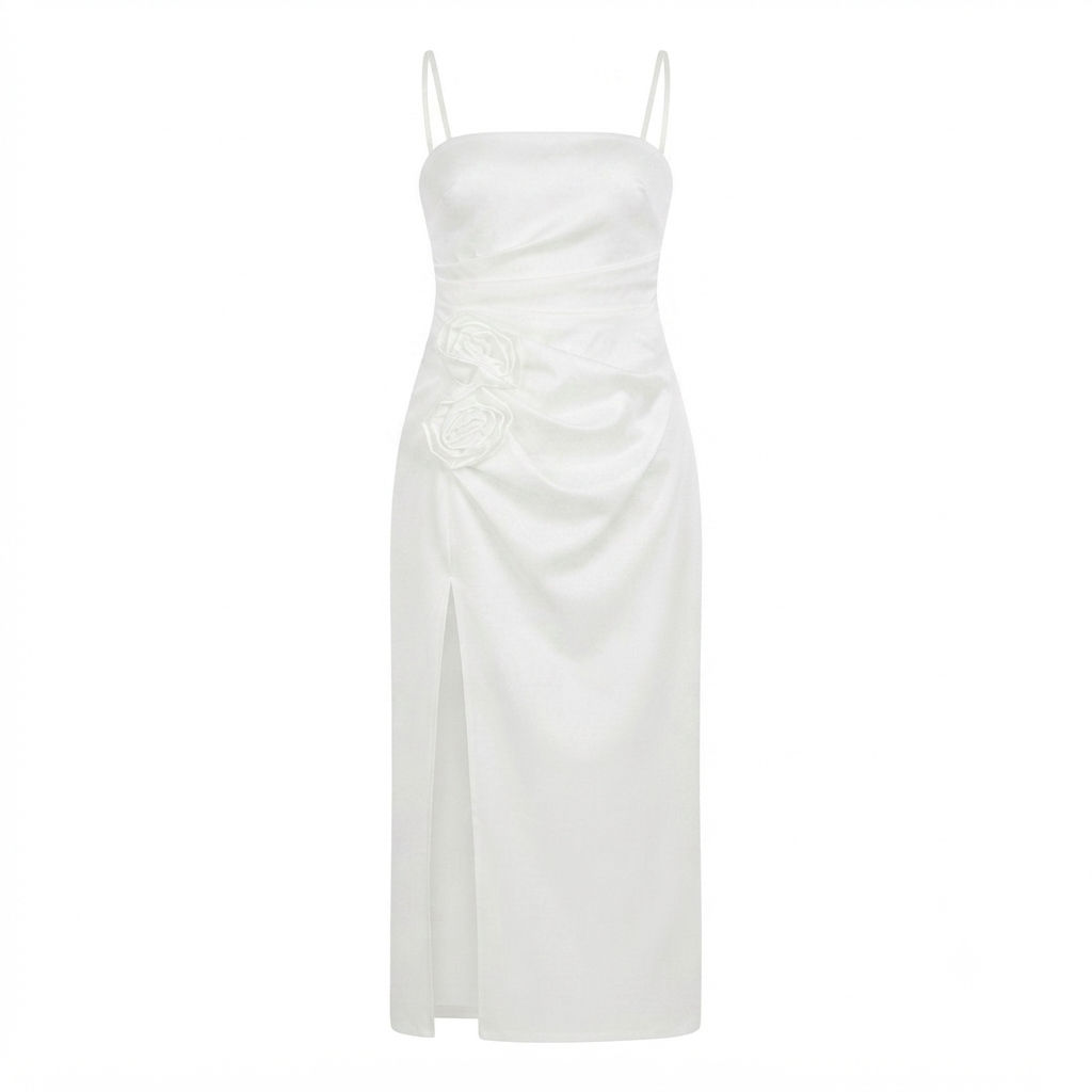 176) Vestido Midi Blanco con Tirantes Finos, Drapeado y Detalle Floral – Talla L