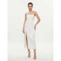 176) Vestido Midi Blanco con Tirantes Finos, Drapeado y Detalle Floral – Talla L