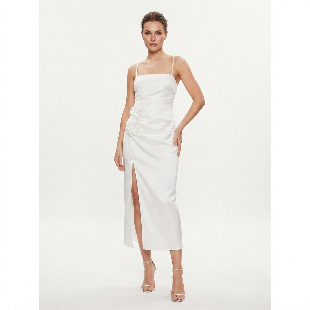 176) Vestido Midi Blanco con Tirantes Finos, Drapeado y Detalle Floral – Talla L