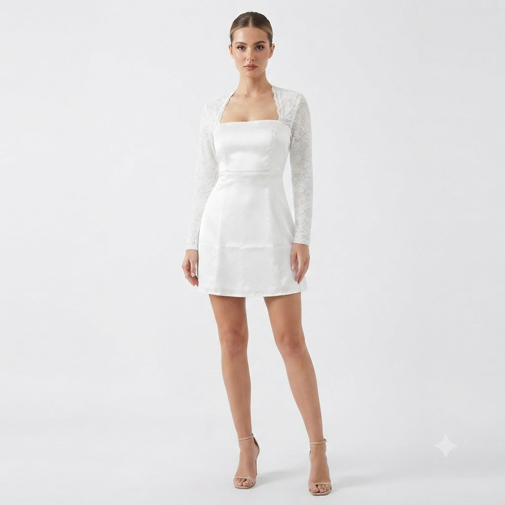 Vestido Halter Blanco Mini Talla 1XL con Mangas de Encaje Bordado