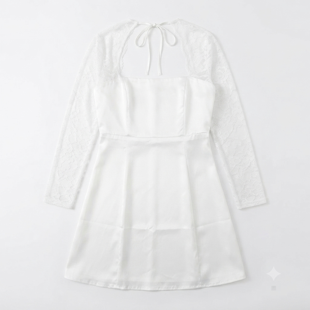 Vestido Halter Blanco Mini Talla 1XL con Mangas de Encaje Bordado