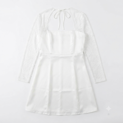 106) Vestido Halter Blanco Mini Talla 1XL con Mangas de Encaje Bordado