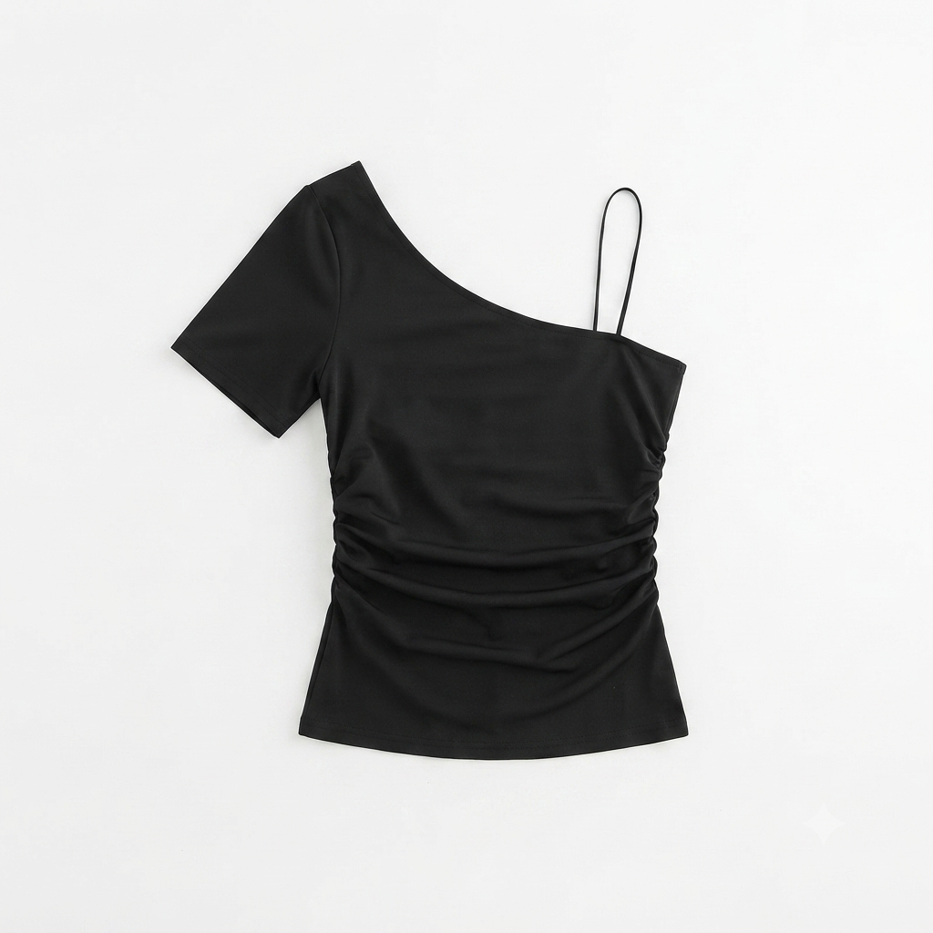 173) Blusa Negra Asimétrica Sin Mangas | Un Hombro | Talla M