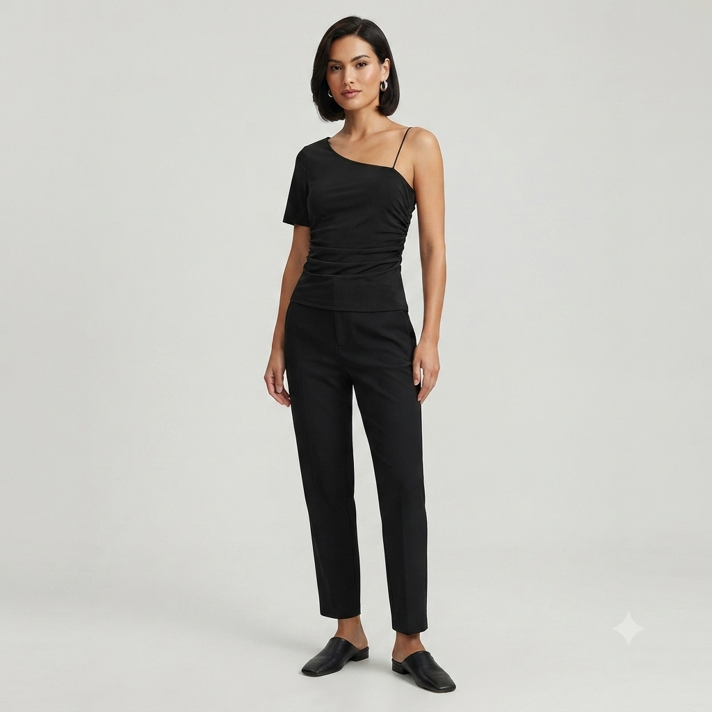 173) Blusa Negra Asimétrica Sin Mangas | Un Hombro | Talla M