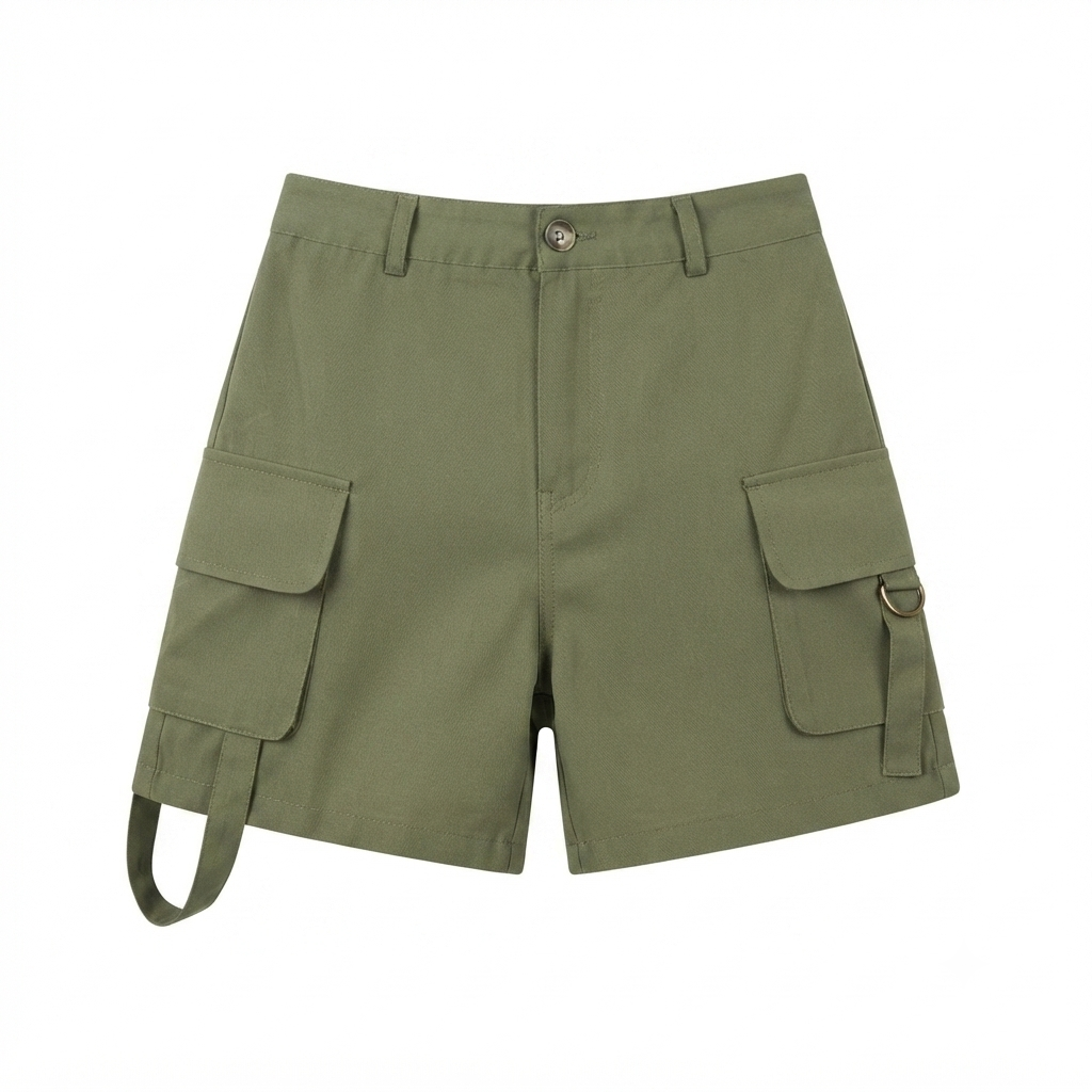 175) Short Cargo Verde Oliva de Tiro Alto | Bolsillos Laterales | Talla M