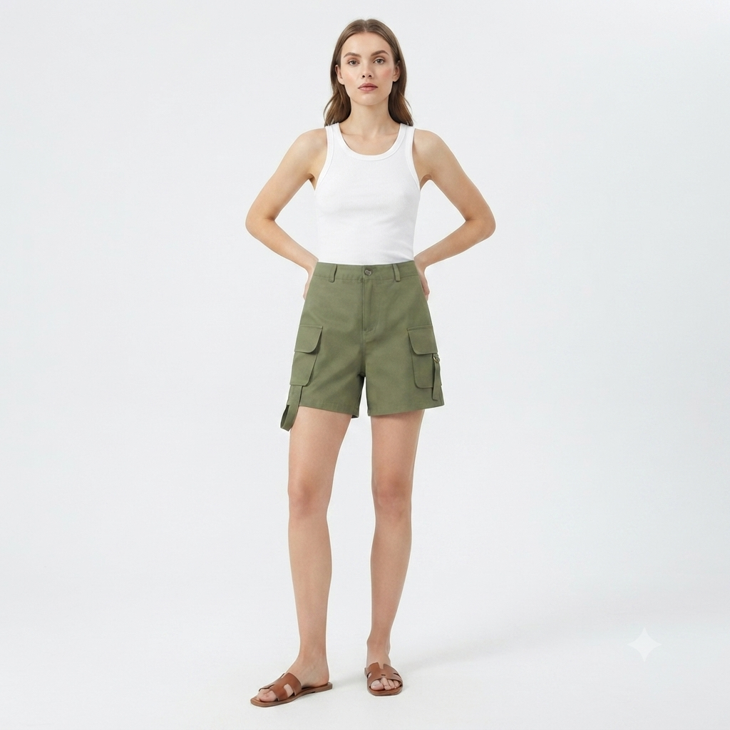 175) Short Cargo Verde Oliva de Tiro Alto | Bolsillos Laterales | Talla M