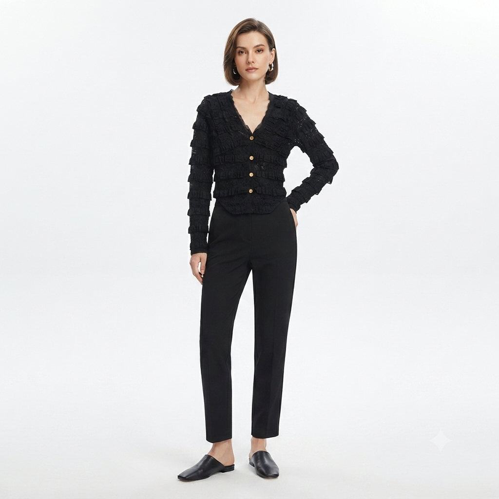 177) Cardigan de Encaje con Volantes en Capas – Elegancia Femenina en Negro Talla M