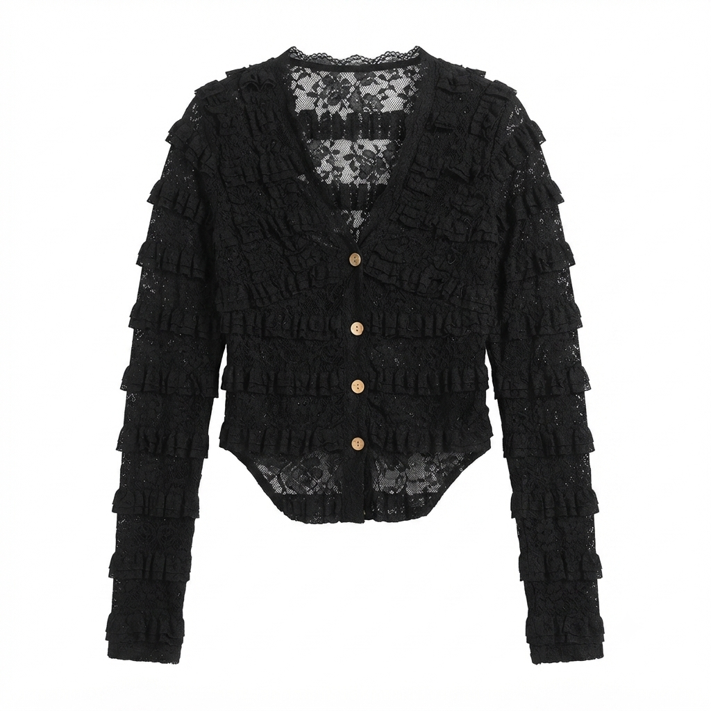 177) Cardigan de Encaje con Volantes en Capas – Elegancia Femenina en Negro Talla M