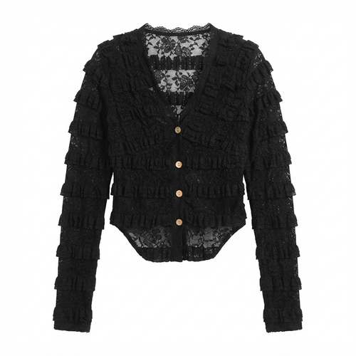 177) Cardigan de Encaje con Volantes en Capas – Elegancia Femenina en Negro Talla M