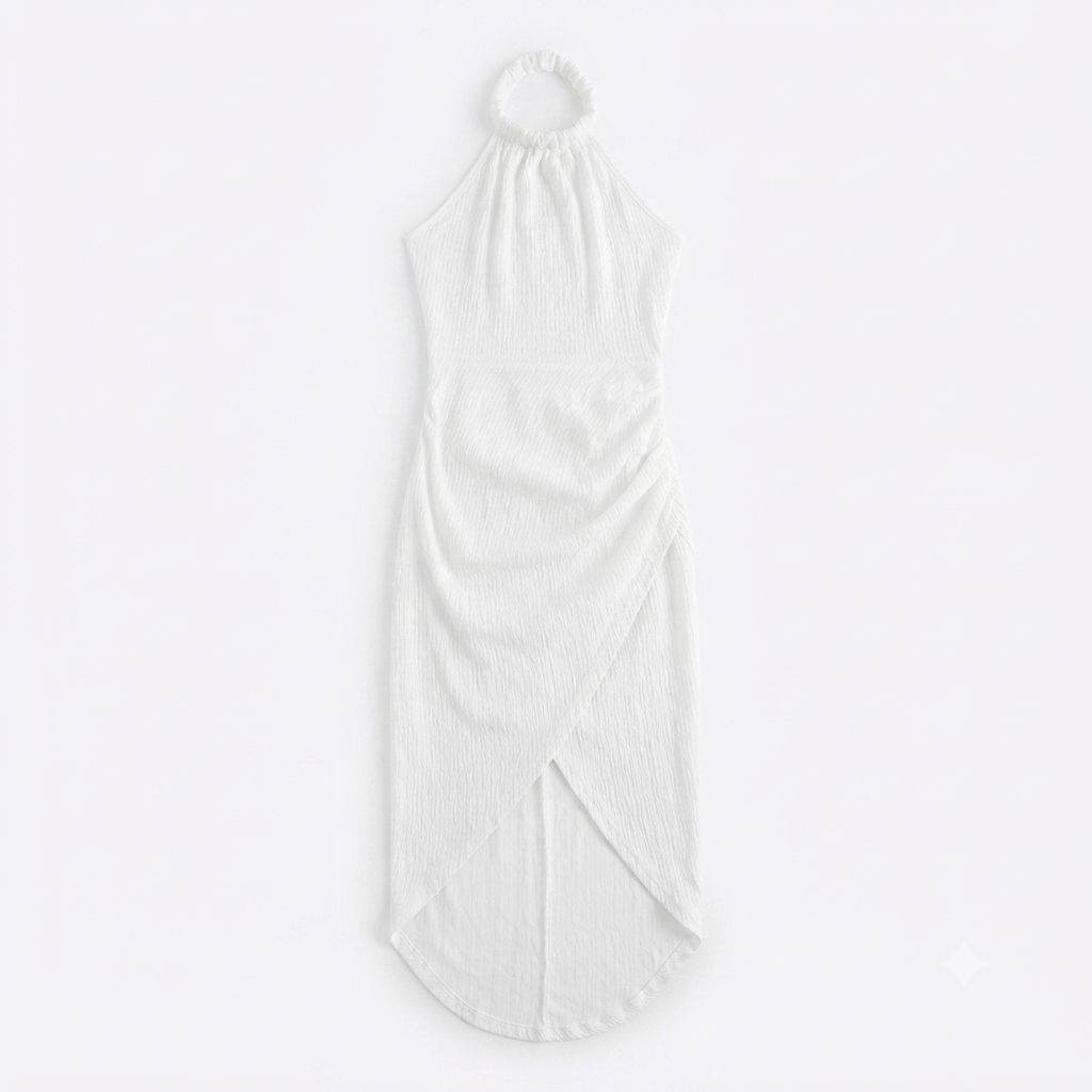 181) Vestido Halter Blanco Argolla Drapeado Asimétrico — Talla S