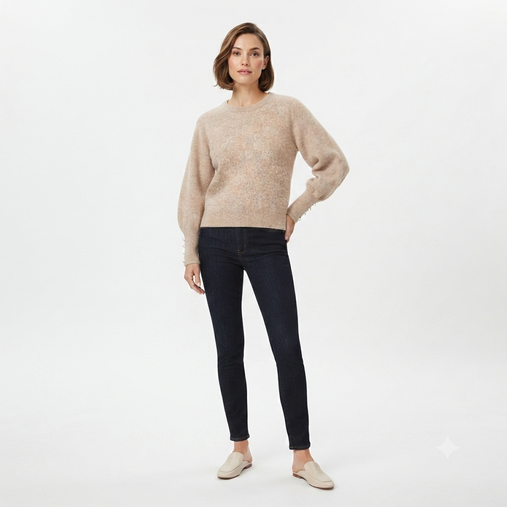 183) Suéter de Punto Suave con Mangas Globo y Botones Decorativos – Talla M