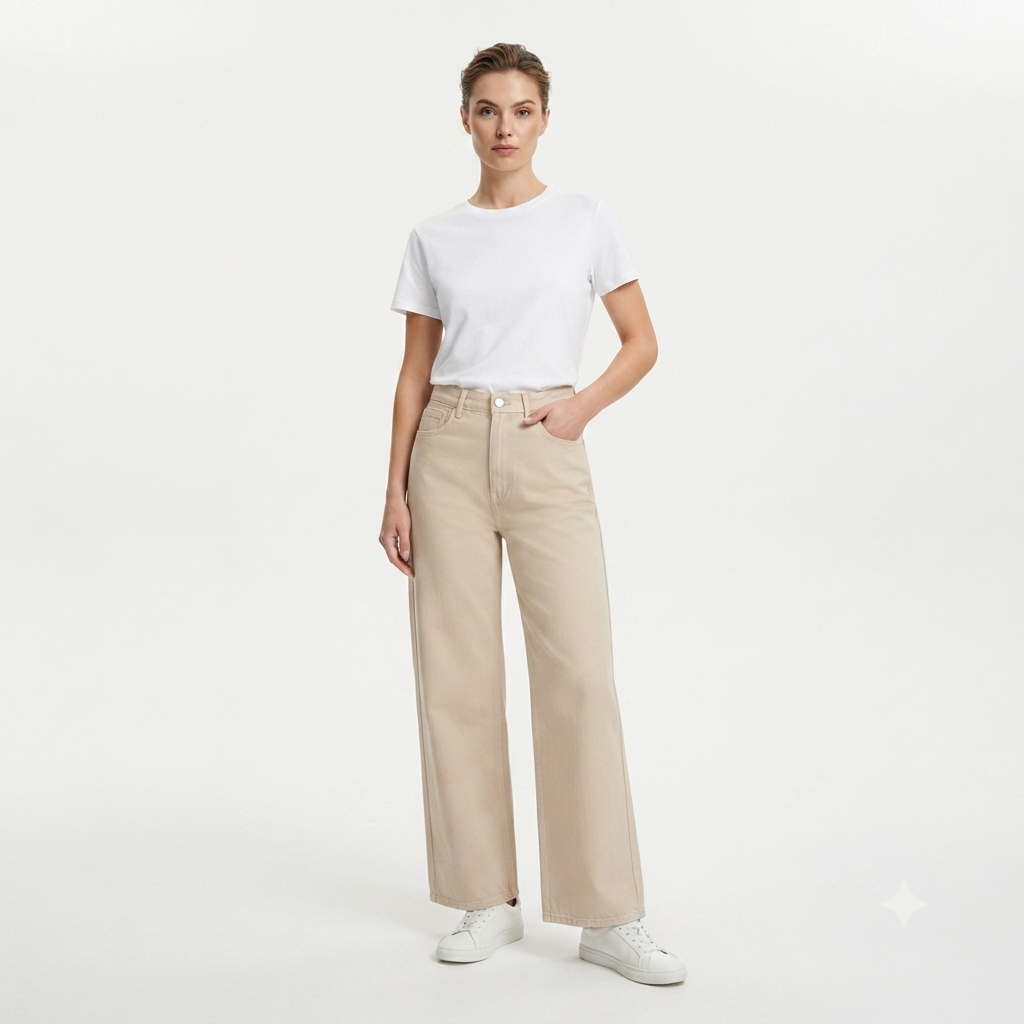 Pantalón Wide Leg de Tiro Alto en Beige – Talla 28