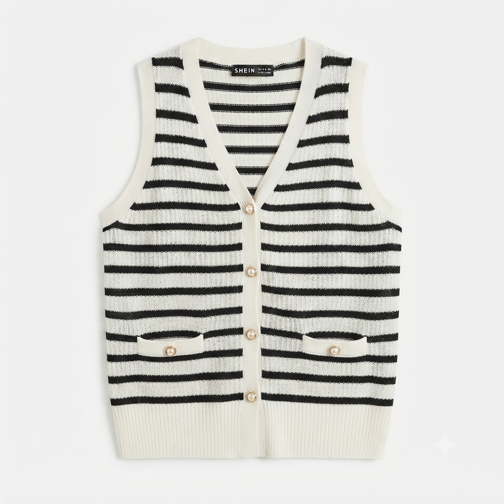 Chaleco Cardigan Tejido a Rayas Blanco y Negro | Botones Dorados | Talla S