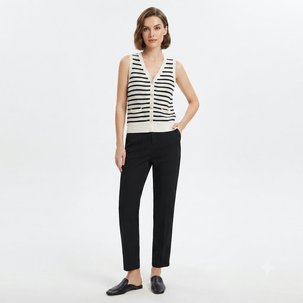 Chaleco Cardigan Tejido a Rayas Blanco y Negro | Botones Dorados | Talla S