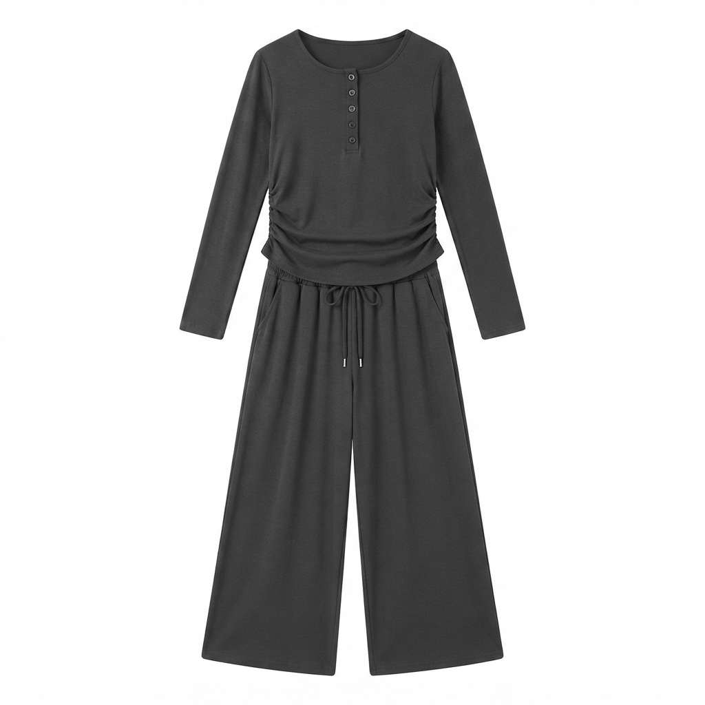 Jumpsuit de Manga Larga con Cintura Fruncida y Pierna Ancha – Talla M
