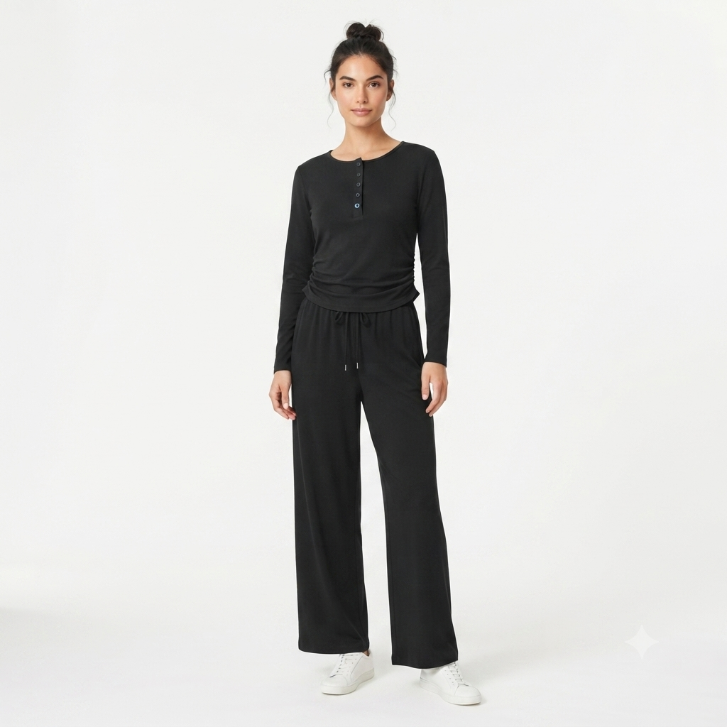 Jumpsuit de Manga Larga con Cintura Fruncida y Pierna Ancha – Talla M