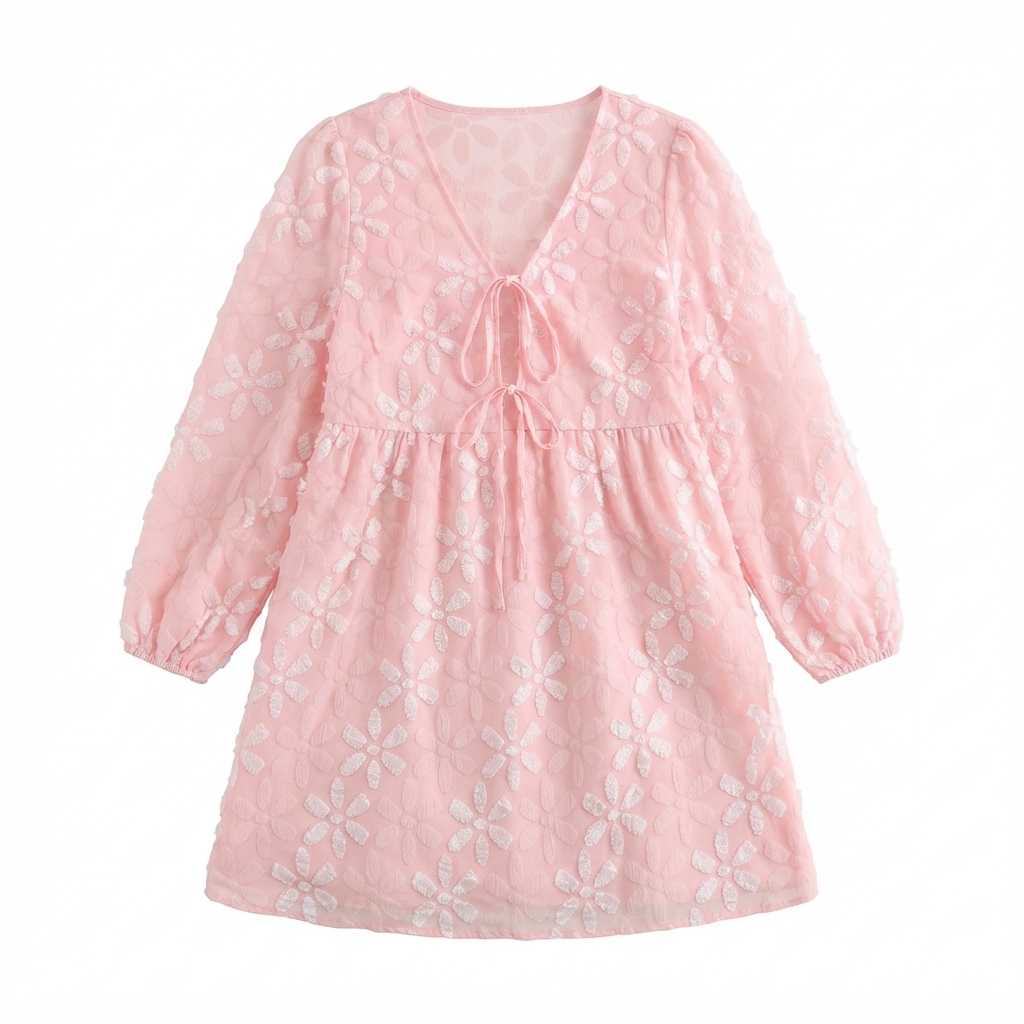 Vestido Mini Rosa con Flores en Relieve, Manga Larga y Escote en V con Lazo – Talla XL