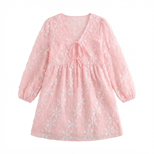 188) Vestido Mini Rosa con Flores en Relieve, Manga Larga y Escote en V con Lazo – Talla XL