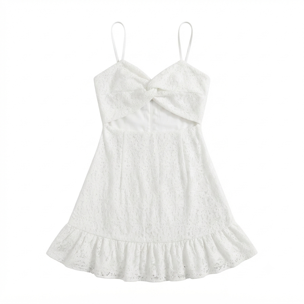 191) Vestido Blanco Broderie Escote Twist Cut-Out con Volante | Talla S