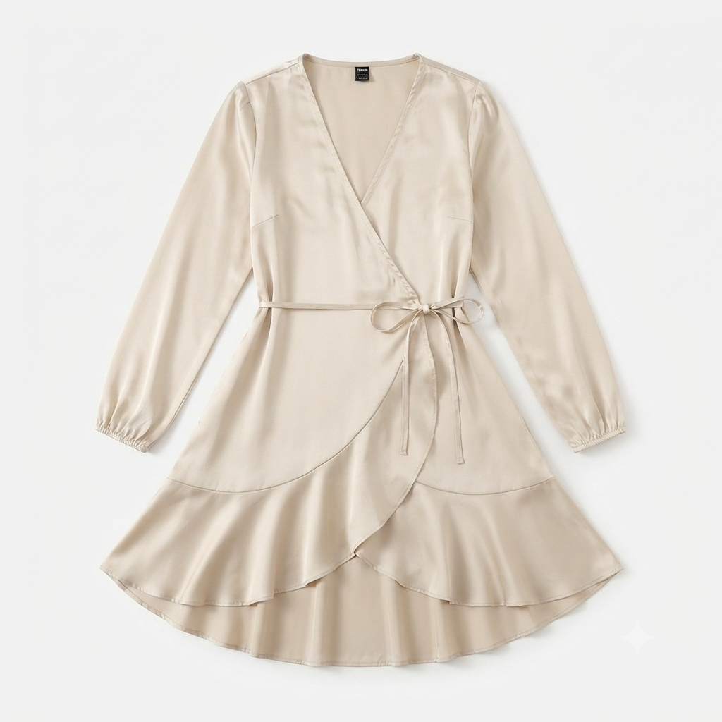 190) Vestido Beige Satinado Cruzado con Manga Larga y Volante | Talla S