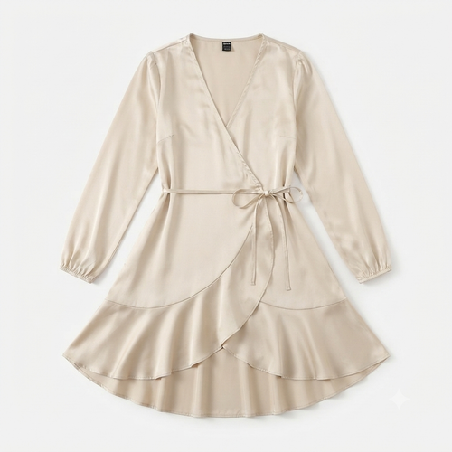 190) Vestido Beige Satinado Cruzado con Manga Larga y Volante | Talla S
