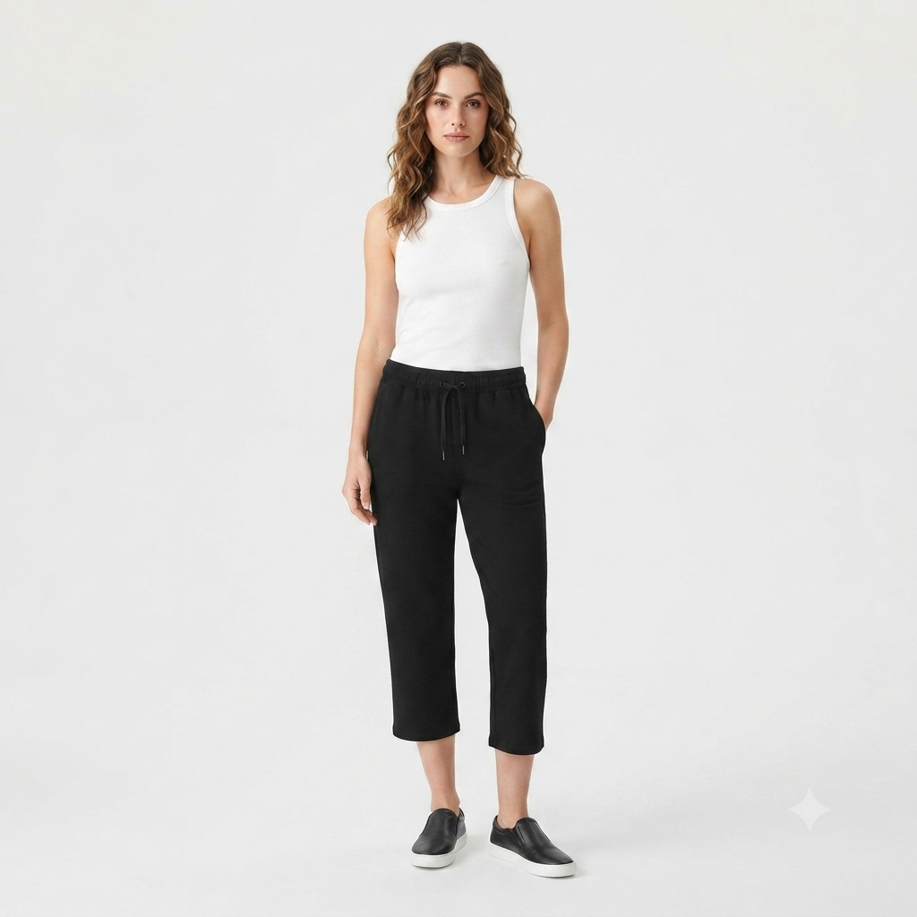 201) Pantalón Capri Negro con Cordón – Corte Recto y Cintura Elástica | Talla L
