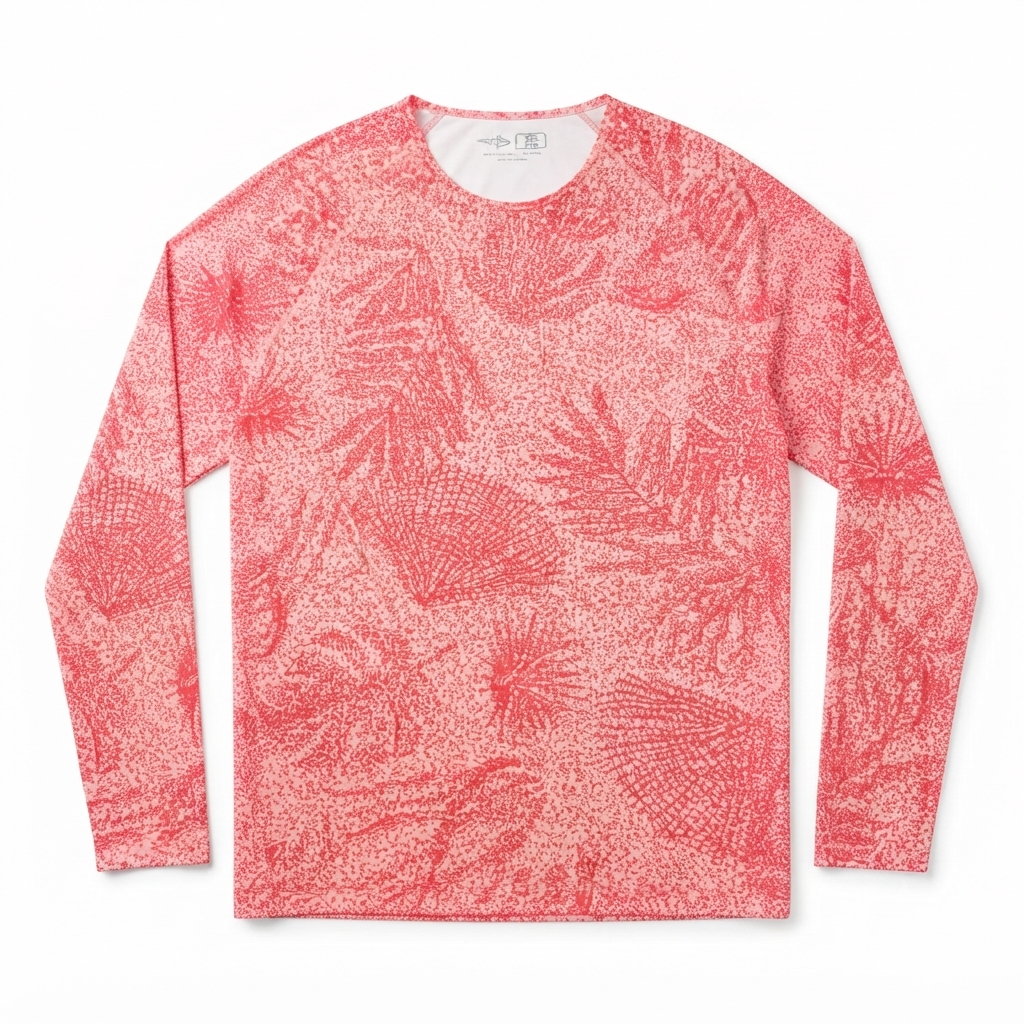 233) Camiseta Manga Larga Mujer – Estampado Tropical Coral | Cuello Redondo | Talla L