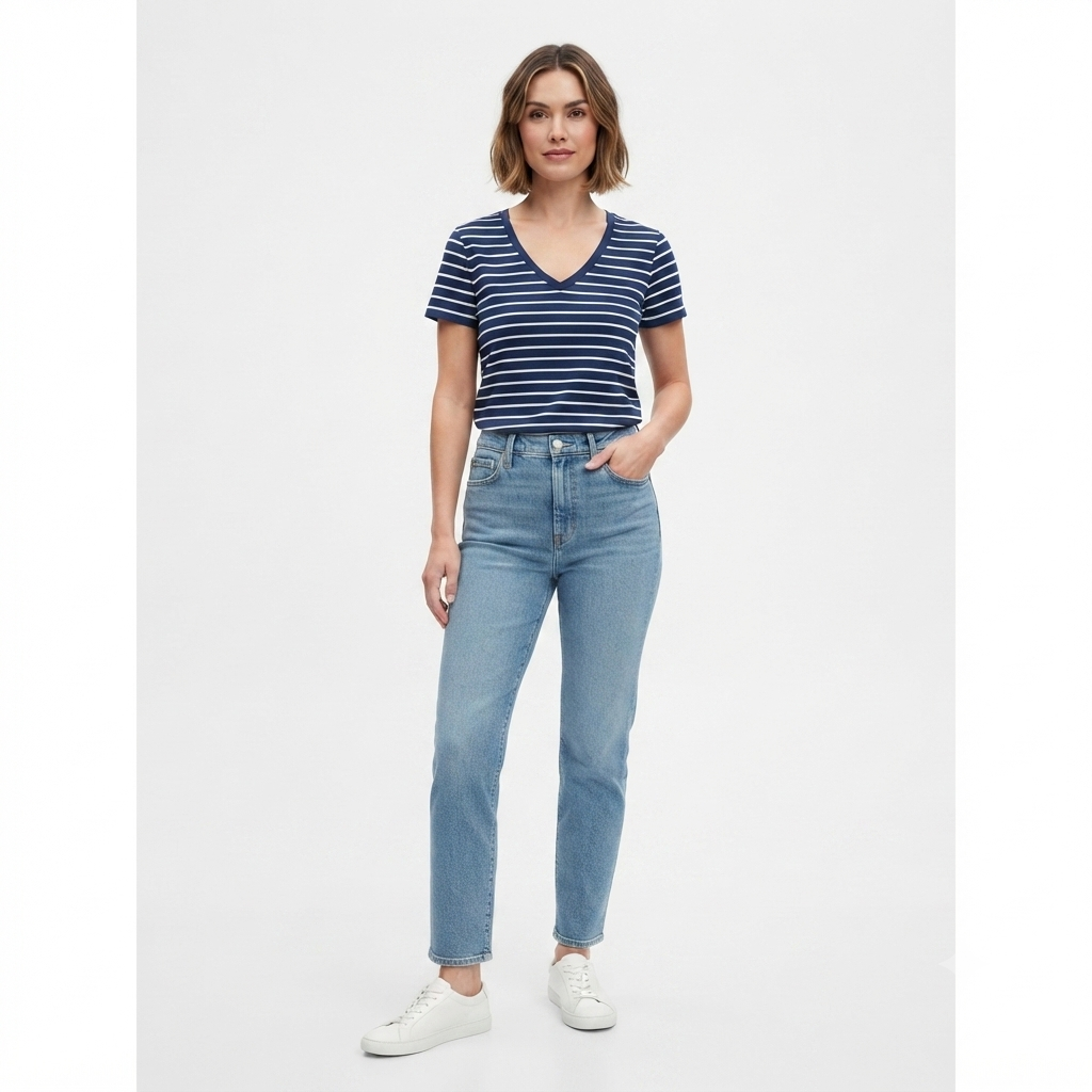 217) Camiseta Manga Corta a Rayas Azul Marino con Cuello en V – Talla XXL